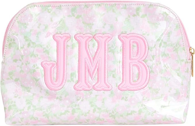 Personalized Clear Coated Pouch - Medium or Large Toiletry Bag with Embroidered or Applique Monogram, Custom Makeup or Travel Organizer, Easy-Clean Cosmetic Bag, Travel Gift for Women (Peony, M)