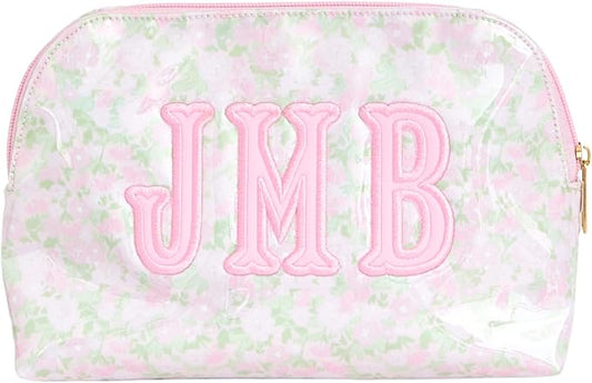 Personalized Clear Coated Pouch - Medium or Large Toiletry Bag with Embroidered or Applique Monogram, Custom Makeup or Travel Organizer, Easy-Clean Cosmetic Bag, Travel Gift for Women (Peony, M)