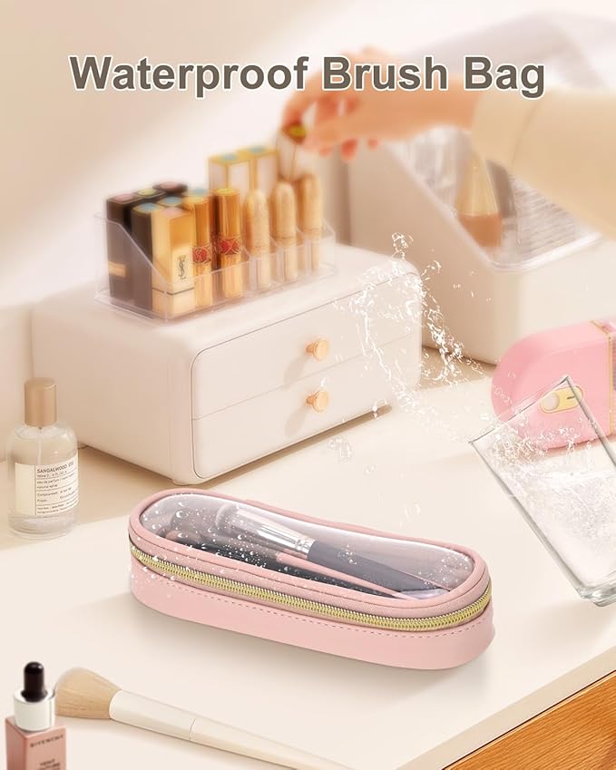 Soimeat Clear Travel Makeup Brush Holder, Leather Makeup Brush Toiletry Bag, Portable Cosmetic Brush Case, Transparent Waterproof Makeup Brush Storage Bag, Pink, Large