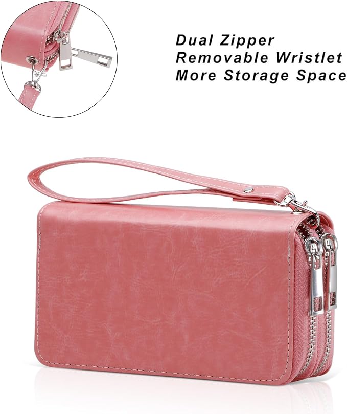 Cellphone Wallet for Women Dual Zipper Long Purse with Removable Wristlet