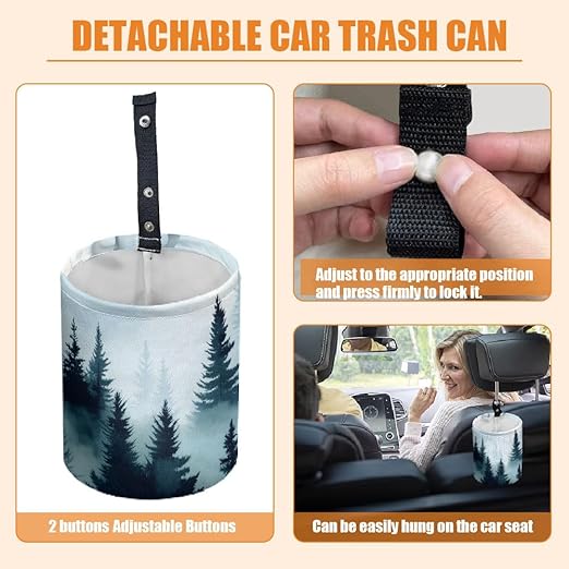 Mountain Forest Car Trash Can Waterproof Garbage Can Car-Seat Back Hanging Trash Bag Portable Camping Waste Bin Storage Bag Collapsible Rubbish Container for Cars (5.9" W,7.2" H)