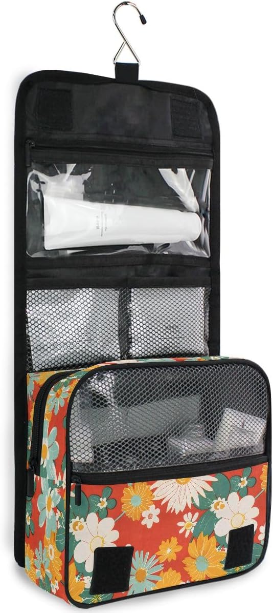 senya Hanging Travel Toiletry Bag Kit Boys Makeup Case Cosmetics Organizer for Men Women (Flowers Retro)