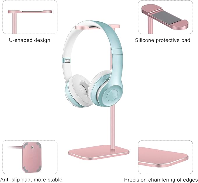 Headphone Stand Aluminum, Headset Holder with Solid Metal Base for Desk, Compatible with Most Headphones (Rose Gold)