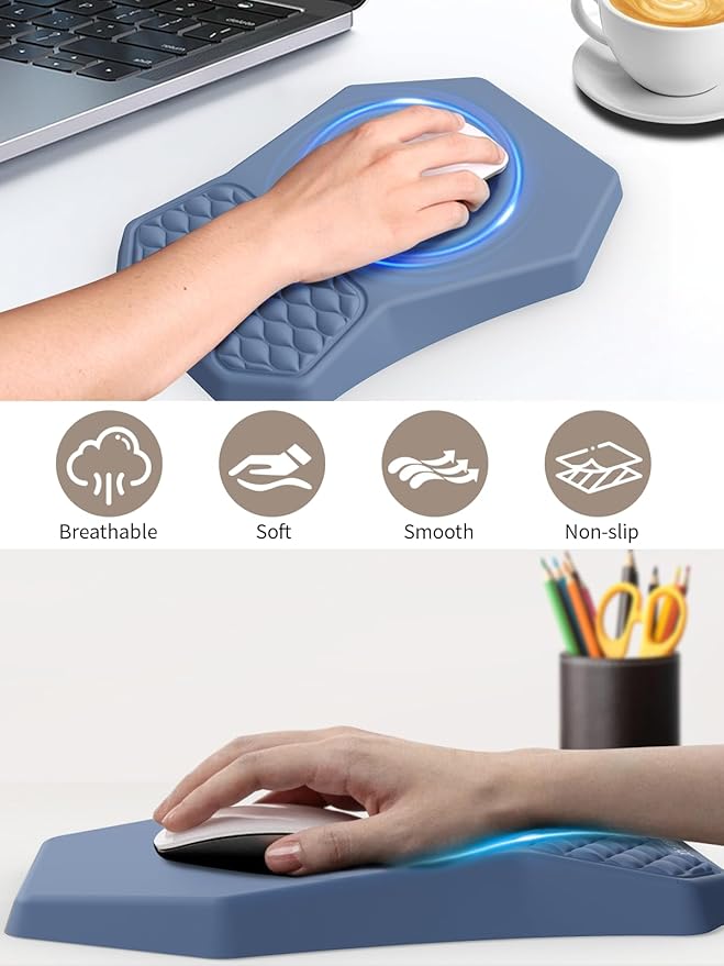3-in-1 Ergonomic Keyboard Stand with Wrist Rest & Mouse Pad Set, Comfy Keyboard Riser Holder Soft Mousepad with Massage Design, Memory Foam and Non-Slip PU Base for Pain Relief, Blue