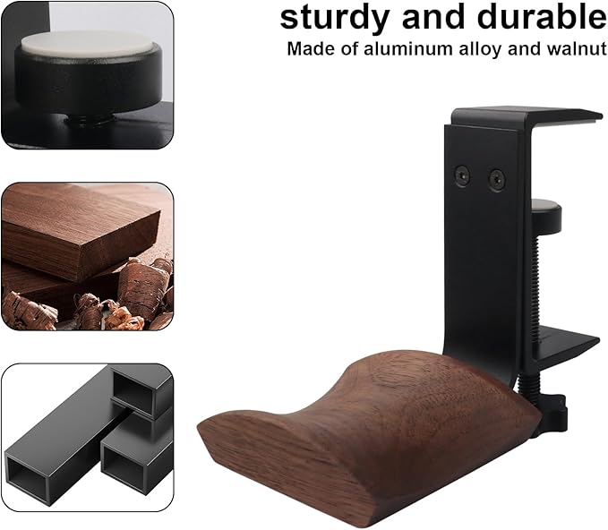 Headphone Holder Walnut Wood & Solid Metal Headset Hanger Stand for Desk Adjustable Design Ideal Headphone Stand for All Headphone Sizes