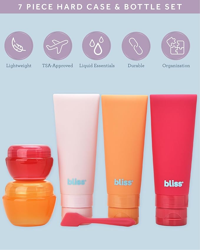 Bliss Travel Bottles Set - 4/7/10 Piece TSA Approved Leak-Free Refillable Travel Size Toiletries Containers for Skincare, Lotion, Shampoo, and Conditioner, 7pc Amalfi Vibes