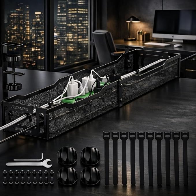 Under Desk Cable Management Tray – 25” Metal Cable Organizer with Clamp Mount, No Drill Wire Management Rack for Office & Home Desk (Black)