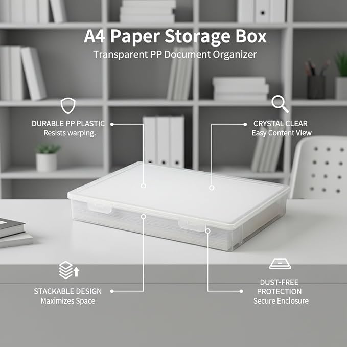 Clear A4 Document Storage Box with Lid, Stackable PP File Organizer for Office Desk & Shelf