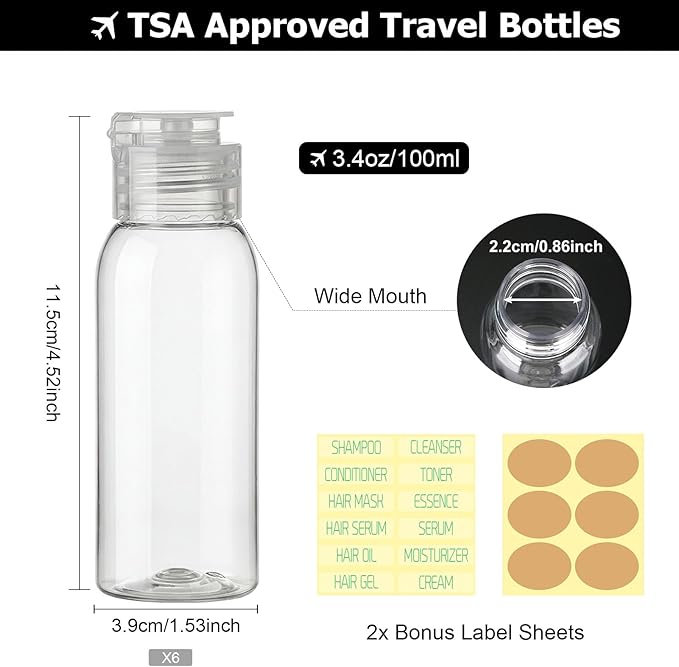 6 Pack 3.4oz Travel Bottles for Toiletries Leak Proof Travel Size Toiletries TSA Approved Squeeze Bottles with Flip Cap Wide Mouth Containers for Shampoo Conditioner Body Wash Lotion(Clear)