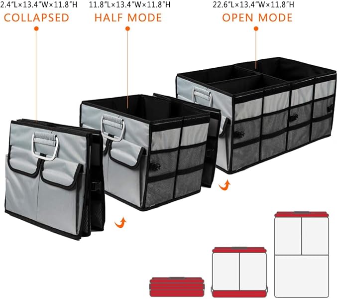 Car Trunk Organizer Collapsible Portable Multi Compartments Organizer with Non Slip Straps for SUV Truck Auto Vehicle Car Auto Minivan (Large without cover, Space gray)