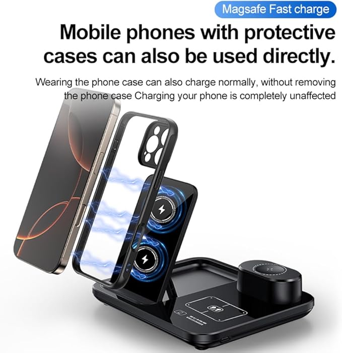 IHAO 3in1 Auto-Rising Wireless Charging Station 15W Fast Charge Ultra-Slim Foldable Design Wireless Charger for Phone Watch Earbud QC3.0 & PD Compatible