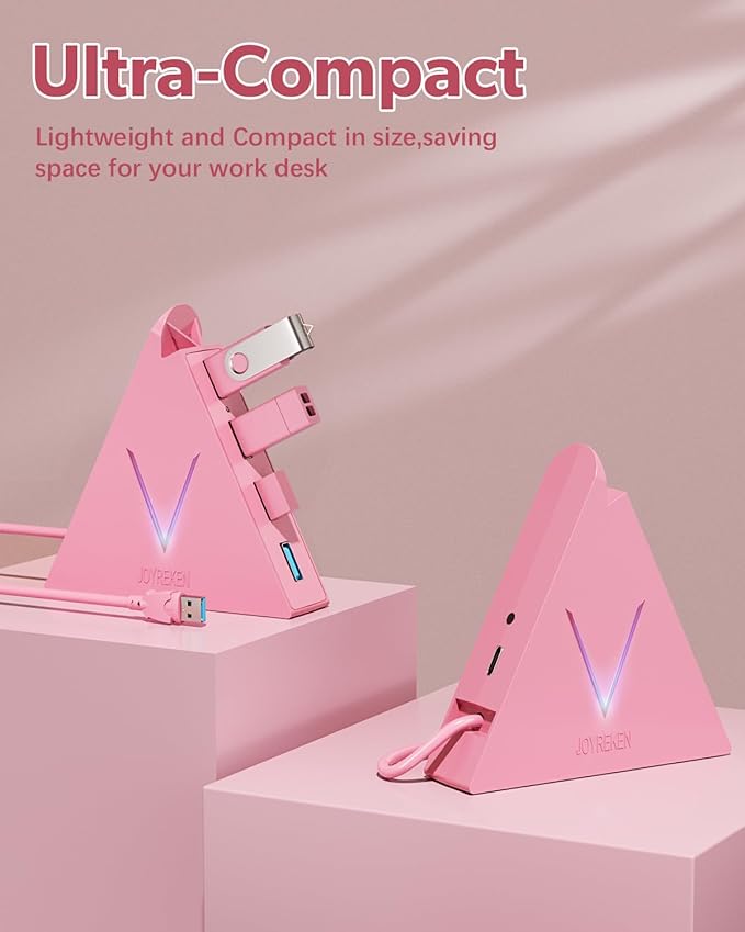 4-Port USB 3.0 Hub, FlyingVHUB Vertical Data USB Hub with 2 ft Extended Cable, for Mac, PC, Xbox One, PS4, PS5, iMac, Surface Pro, XPS, Laptop, Desktop, Flash Drive, Mobile HDD(Pink)