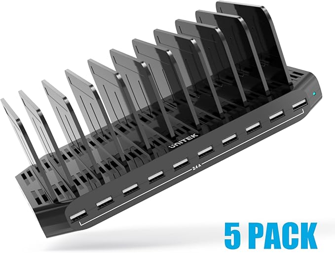 ??PCS??Unitek USB Charging Station, 10 USB Fast Ports Charge Docking Station and Adjustable Dividers, Multi Device Charger Organizer Compatible with iPad, iPhone, Tablet and Cell Phone - 5PCS, Black