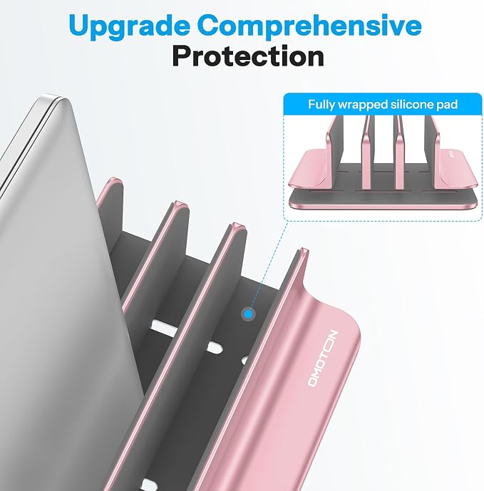 OMOTON Vertical Laptop Stand [Updated 3-Solts Version], Desktop Aluminum Mac Book Stand with Adjustable Dock Size, Fits All Mac Book, Surface, Chrome Book and Gaming Laptops (Up to 17.3 in),Rosegold