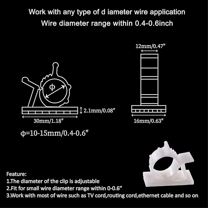 30 Pack Adjustable Cable Clips,Adhesive Nylon Cable Clamps Wire Clips, Desk Wall Cord for Wire and Cable Management