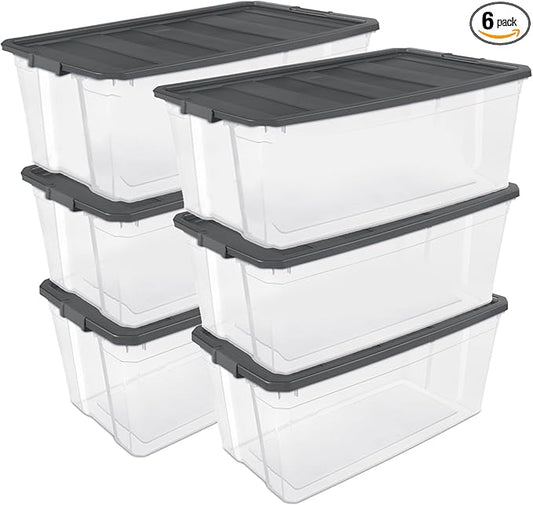 Sterilite 6-Pack Modular Stacker Box, Durable Clear Plastic Storage Bins with Latching Lids, 200 Quart - Stackable Organizing Container Boxes for Closet, Bathroom, and Office