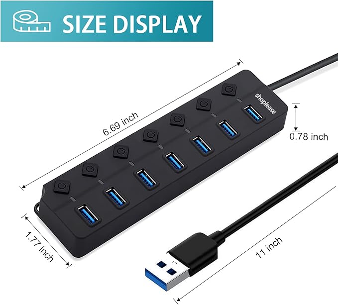 7-Port USB 3.0 Hub with Individual Power Switches and LED Lights, High-Speed Data Hub Splitter Portable USB Extension Hub for PC Laptop and More (No Power Adapter)