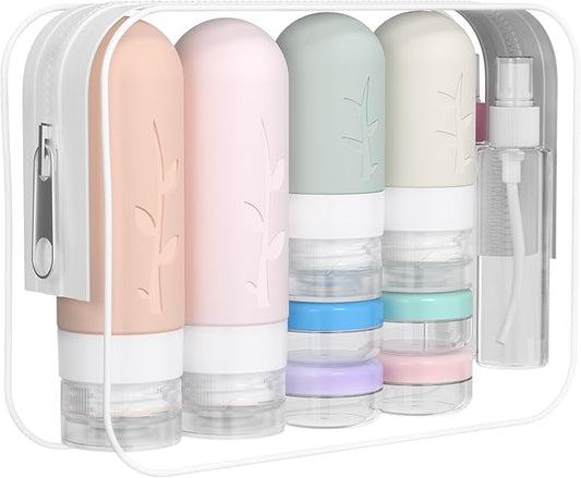 DEPOZA Travel Bottles Kit (16 Pack) - TSA Approved, Leak Proof Silicone Squeezable Containers for Toiletries. Complete Set with Jars, Sprayers & Bag (Pink)
