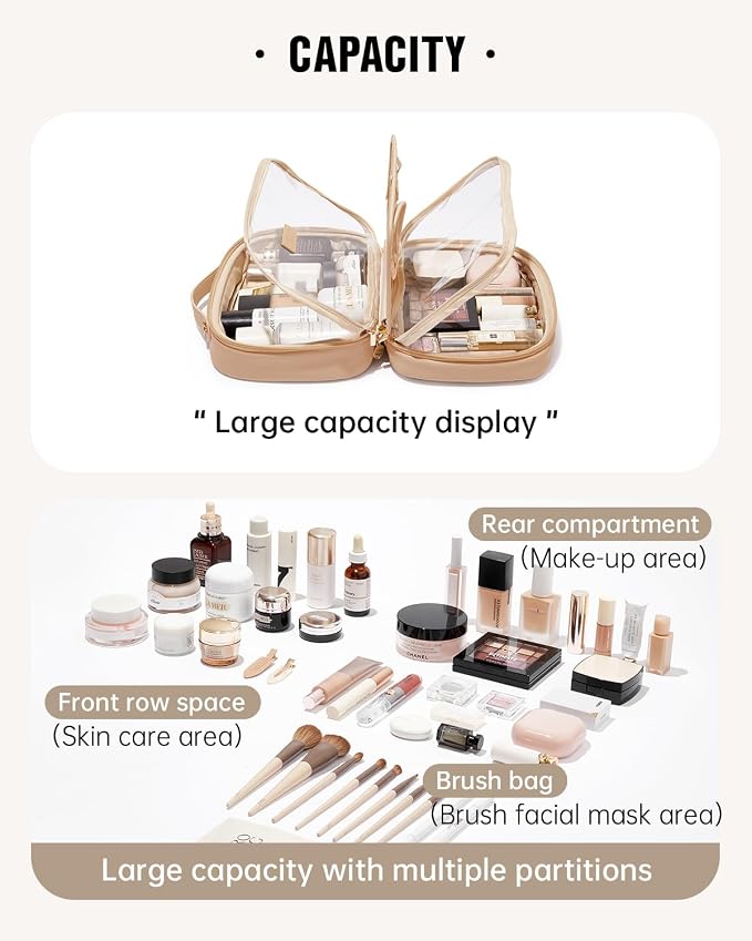 EACHY Travel Makeup Bag, Large Capacity Cosmetic Bag for Women, Waterproof PU Leather, Flat Open Portable Toiletry Bag for Skincare, Brushes & Travel Essentials