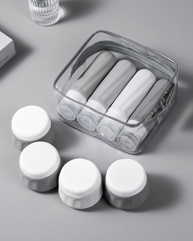 Mrsdry Travel Size Toiletries 8 Pack, TSA Approved 3oz Silicone Squeeze Bottles & Cream Jars with Clear Travel Bag