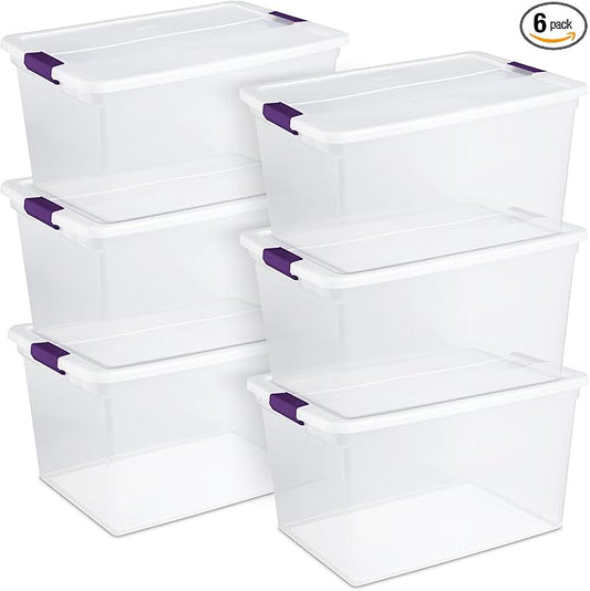 Sterilite 66 Qt ClearView Latch Storage Box, Stackable Bin with Latching Lid, Plastic Container to Organize Clothes in Closet, Clear Base, Lid, (Pack of 6)