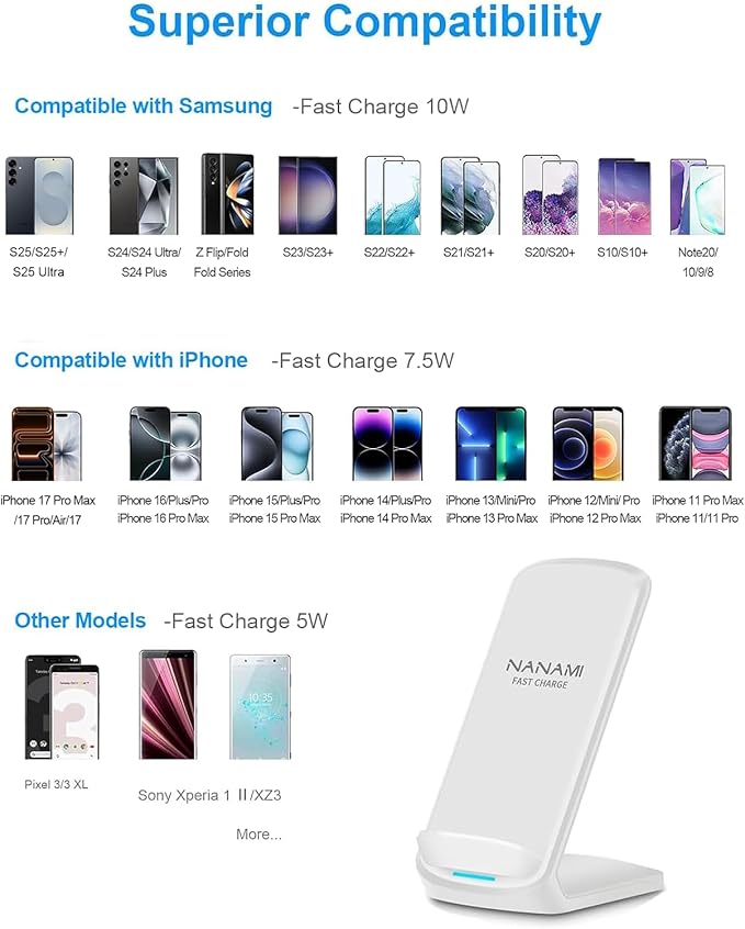 NANAMI Upgraded Fast Wireless Charger, Wireless Charging Stand for iPhone 17/17 Air/16/16 Plus/16 Pro/16 Pro Max/15/14/13/12 & Phone Charger Dock for Samsung Galaxy S26/S25/S24/S24 Ultra/S23/S22