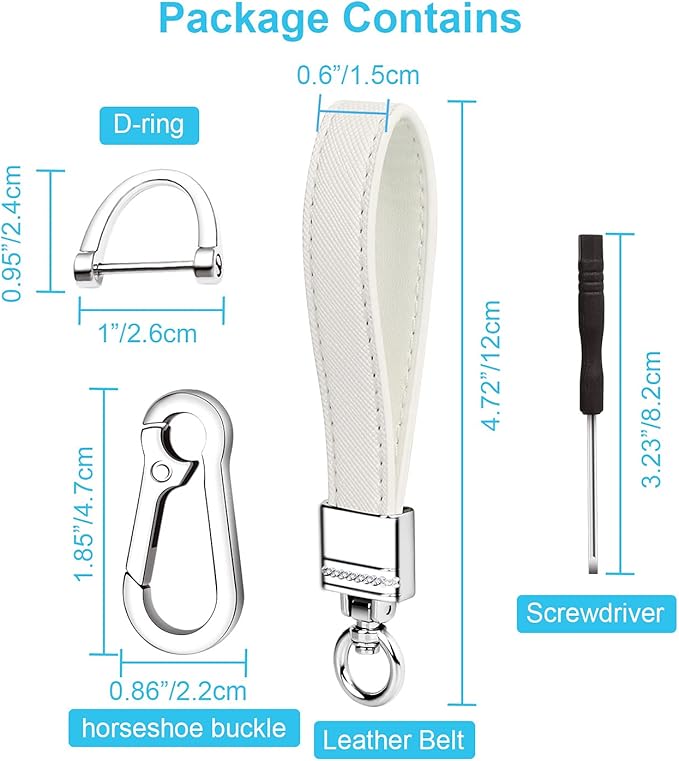 QBUC Genuine Leather Car Keychain,Universal Heavy Duty Metal Key Chain Accessories,Car Fob Key Keychain Holder with 360 Degree Rotatable Snap Swivel and Anti-Lost D-Ring for Men Women(White)