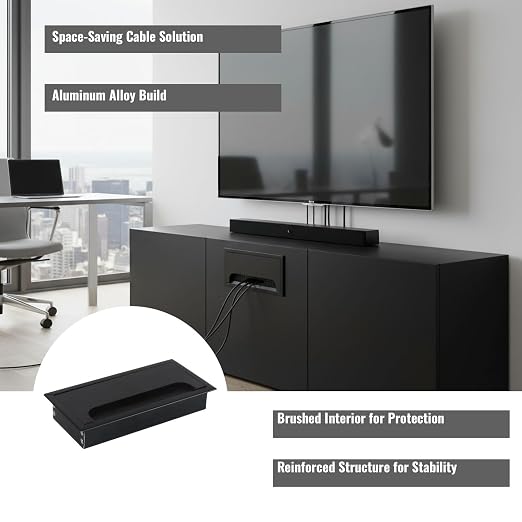 Desktop Cable Management Cover for Desk Organization - Aluminum Alloy Cable Box with Brush Seal (Black, 8.0x16.0x2.8 cm)
