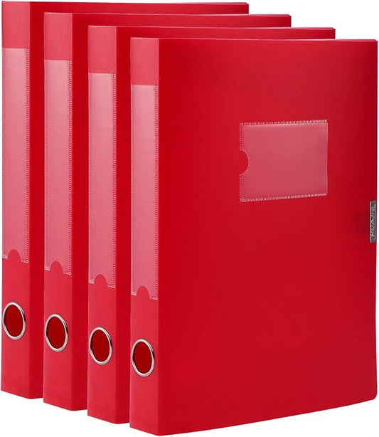 HUA JIE A4 Storage File Boxes Plastic Archives Cases with Lid, File Folder Organizer Document Filing Box for office, Letter Size Paper,31×4×24 cm, Red(Pack of 4)