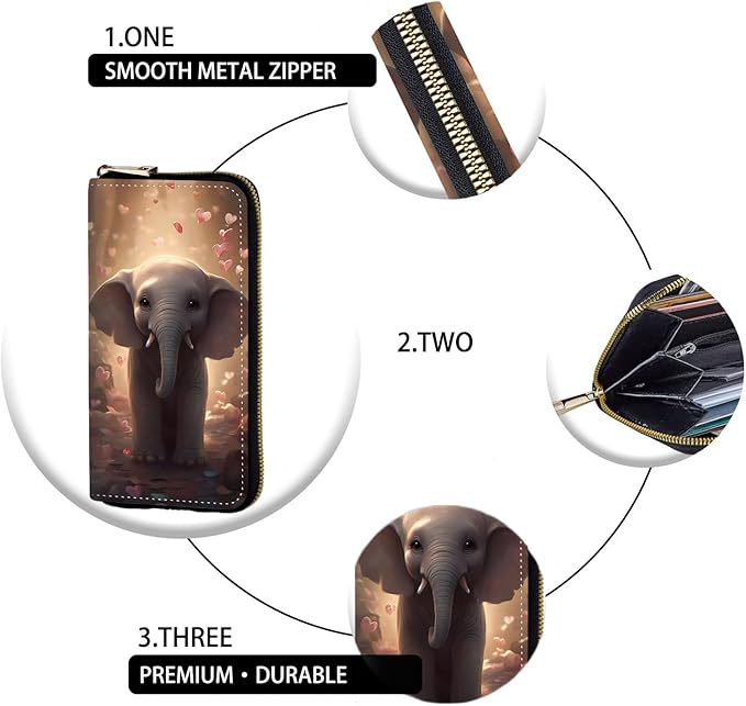 Women's RFID Blocking Zip Around Wallet with Detachable Wrist Strap, Large Capacity Credit Card Holder Organizer for Everyday Use,Cute Elephant with Hearts