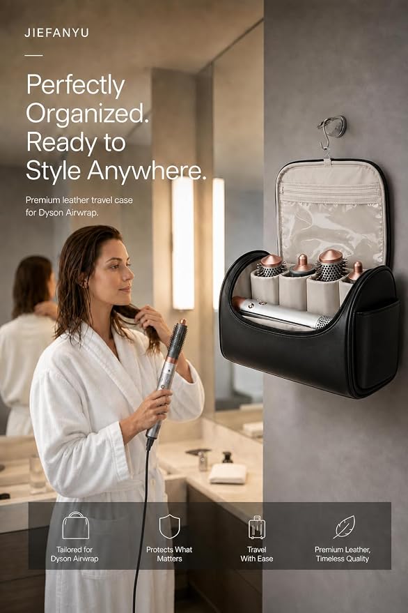Leather Travel Case for Dyson Airwrap, Portable Storage Bag Designed Specifically for Dyson Airwrap All Series,Shockproof Organizer with Metal Hanging Hook