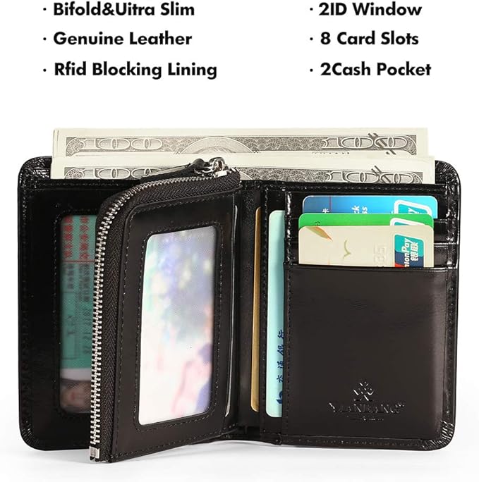 MANBANG Mens Wallet Zipper Genuine Leather RFID Card Holders Cowhide Zip Coin Pocket Bifold wallets for men