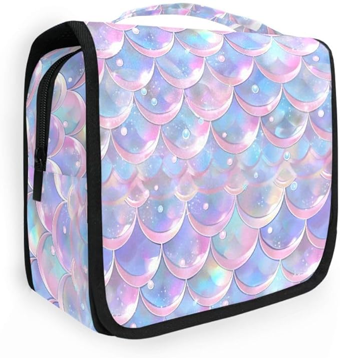 senya Hanging Travel Toiletry Bag Cute Kit Makeup Case Cosmetics Organizer for Men Women (Pale Pink Purple Blue Mermaid Scales)