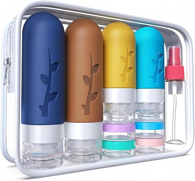 DEPOZA Travel Bottles Kit (16 Pack) - TSA Approved, Leak Proof Silicone Squeezable Containers for Toiletries. Complete Set with Jars, Sprayers & Bag (Dark blue)