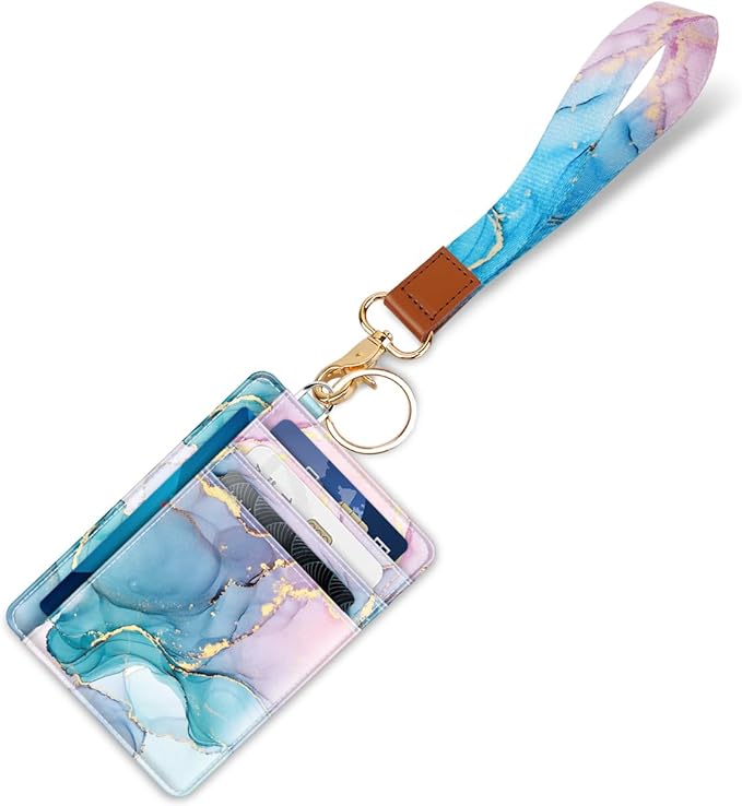 Coco Rossi Slim Front Pocket Wallet Minimalist RFID ID Card Holder Cute Small Wallets with Wrist Lanyards Key Chain Holder for Women, Gradient Marble