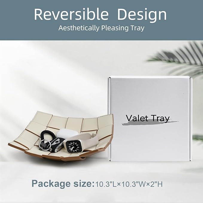 Valet Tray PU Leather Key Bowl for Men Women Entryway Table Nightstand Catchall EDC Dump Tray for Wallet, Keys, Jewelry Men's Gift - Coffee & White, 9.8" L x 9.8" W x 2" H