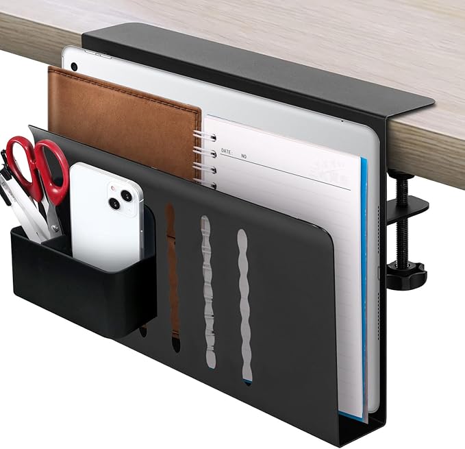 Desk Side Storage, Desk Laptop Holder with Magnetic Pen Holder, No Drill Desk Side Organizer for Office and Home Fits Flat Edge 0.3" to 2.3"