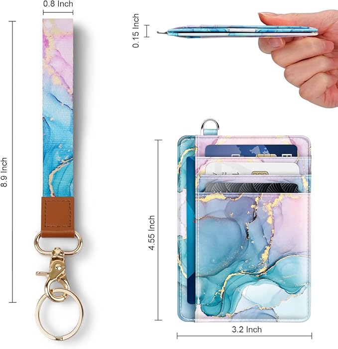 Coco Rossi Slim Front Pocket Wallet Minimalist RFID ID Card Holder Cute Small Wallets with Wrist Lanyards Key Chain Holder for Women, Gradient Marble