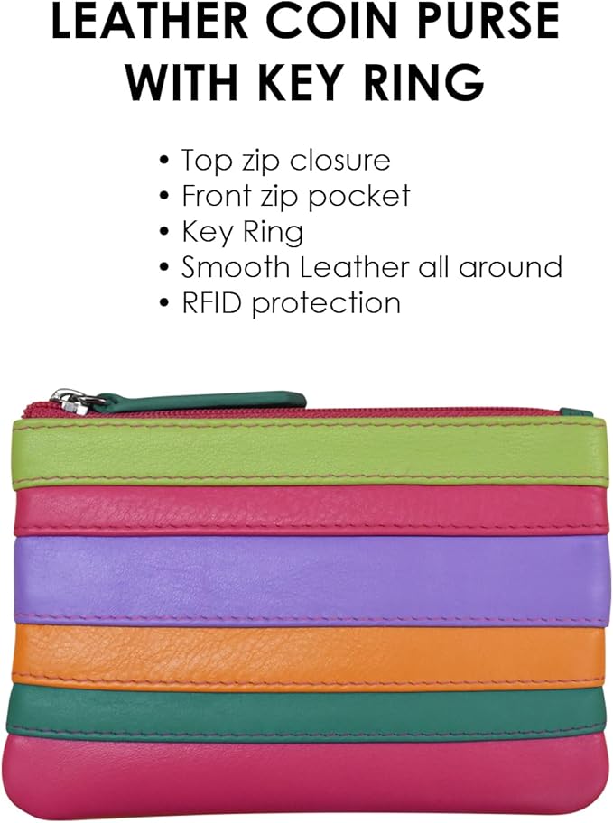 ili New York Mini Leather Coin Purse, Compact Genuine Leather Pouch with Key Ring & RFID Protection, Used for Coins, Keys and Cards, Ideal for Travel and Everyday Carry, Palm Beach