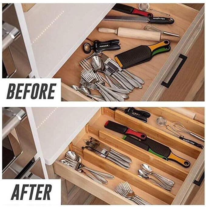 6 Pack Bamboo Drawer Dividers Adjustable ??Expandable Drawer Dividers for Kitchen Drawer Organizer, Dresser Drawer Dividers, Drawer Dividers for Clothes, Wooden Drawer Organizer for Kitchen & Cabinet