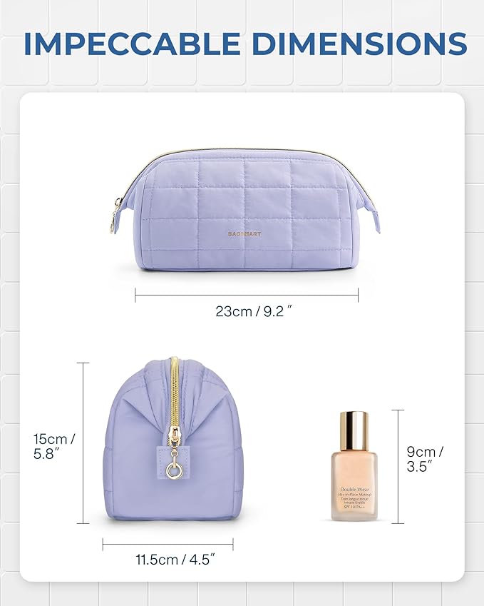 BAGSMART Makeup Bag Cosmetic Bag Wide Open, Purple, M, Wide-open Travel Makeup Bag With Puffy Padded and Rectangular Quilted