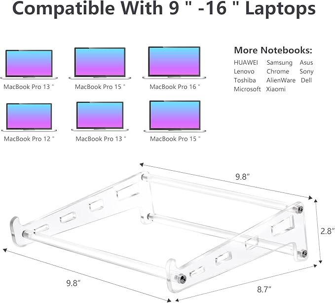 Acrylic Laptop Stand for Desk, Clear Ventilated Computer Stand Holder for Desk, Ergonomic Acrylic Sturdy Laptop Riser Compatible with MacBook Air Pro Dell Lenovo Thinkpad ASUS 9-16 Inch