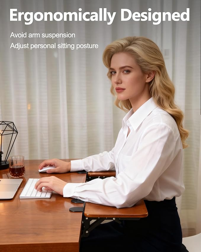 Ergonomic Desk Extender Tray, 8.2"x7.6" Table Mount Arm Wrist Rest Shelf, 90° Foldable Elbow Support, Clamp on Computer Arm Rest for Desk, Office & Home Use, Wood