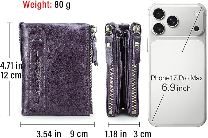CONTACTS Soft Leather Wallet for Women Small Bifold Coin Purse Double Zipper Card Holder with RFID Blocking (Eggplant Purple)