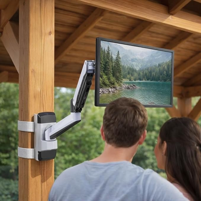 CondoMounts CLMMMAW2022 Pillar Mount | No Drill-Strap on | Height Adjustable |18lbs | up 32 inch TV & Monitor | White | Perfect for Posts in Patio Gazebo | Any Size Pole Larger Then 3 inch
