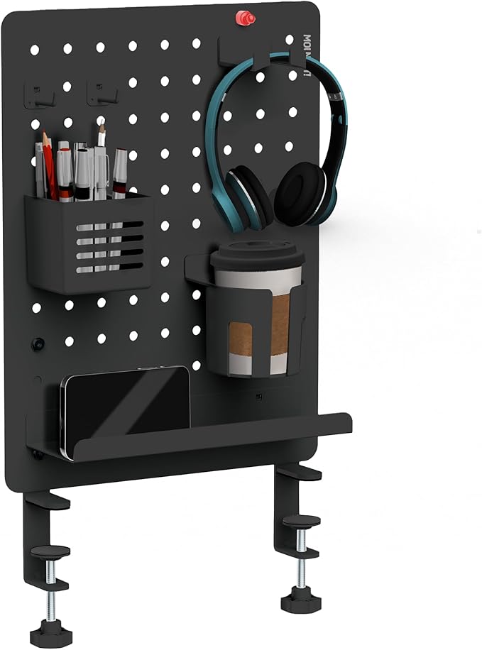 Mount-It! Clamp-On Pegboard Organizer | Adaptable Desk Storage for Home Office, Gaming & Crafting | Easily Organize Essentials with Shelf, Cup Holder & Hooks (Black)