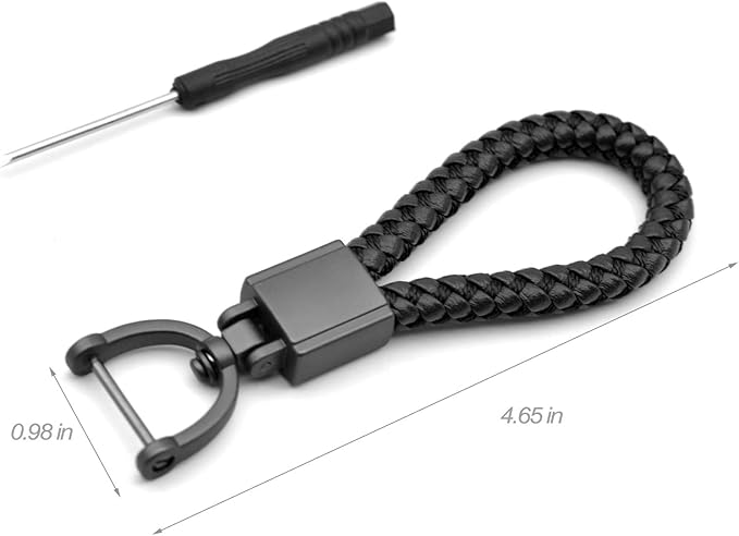FEYOUN Universal Black Leather Car Fob Keychain Metal Keyring Woven Strap Braided Rope Key Chain for Men and Women - Matte Black Color, with 360 Degree Rotatable D-ring and Screwdriver