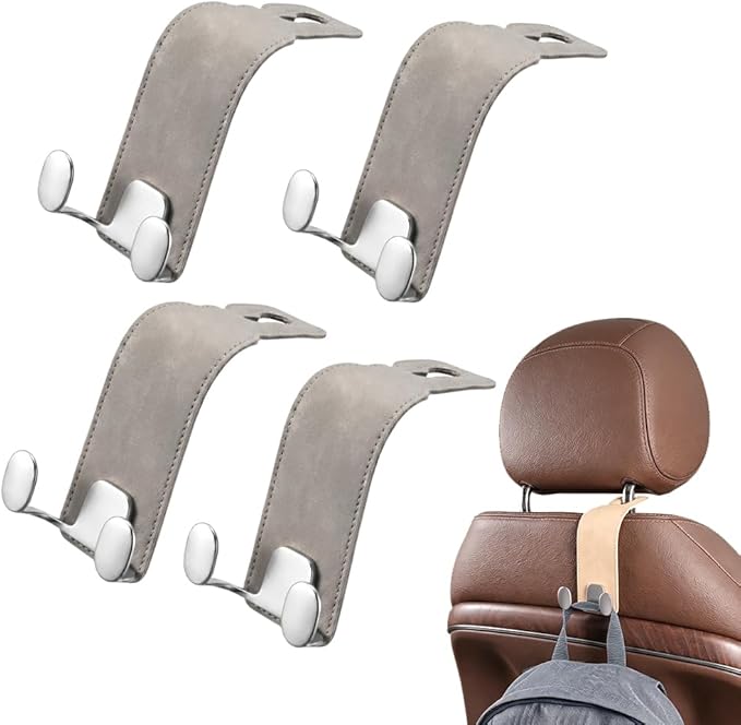 Car Purse Hook, Leather Headrest Hooks for Car, Heavy Duty Car Hooks, Universal Purse Holder for Car Seat, Vehicle Organizer Hanger for Handbag Grocery Bag Backpack Coat (Grey-4sets)