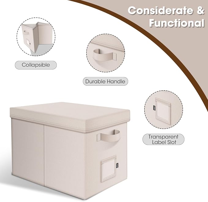 File Organizer Box with Lid, Linen Hanging File Storage Box with Handle, Collapsible Document Filling Box for Letter/Legal Folder, Portable File Box for Office/Decor/Home (1 Pack, Ivory)