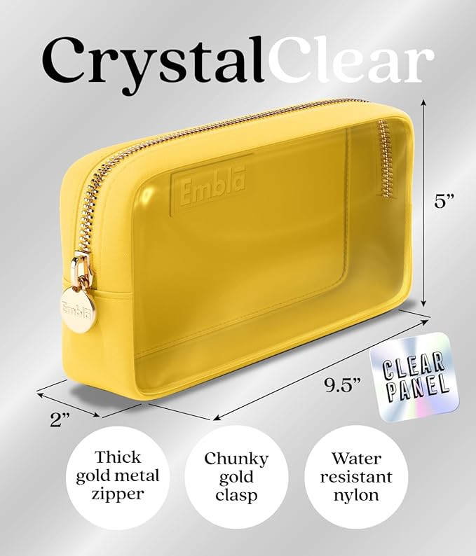 Embla Medium Clear Makeup Bag Travel for Toiletries Cute Make Up Nylon Organizer Pouches Quart Size Cosmetic Bags for Women Girls Zipper Toiletry Skincare Pouch Organizer for Purse Yellow